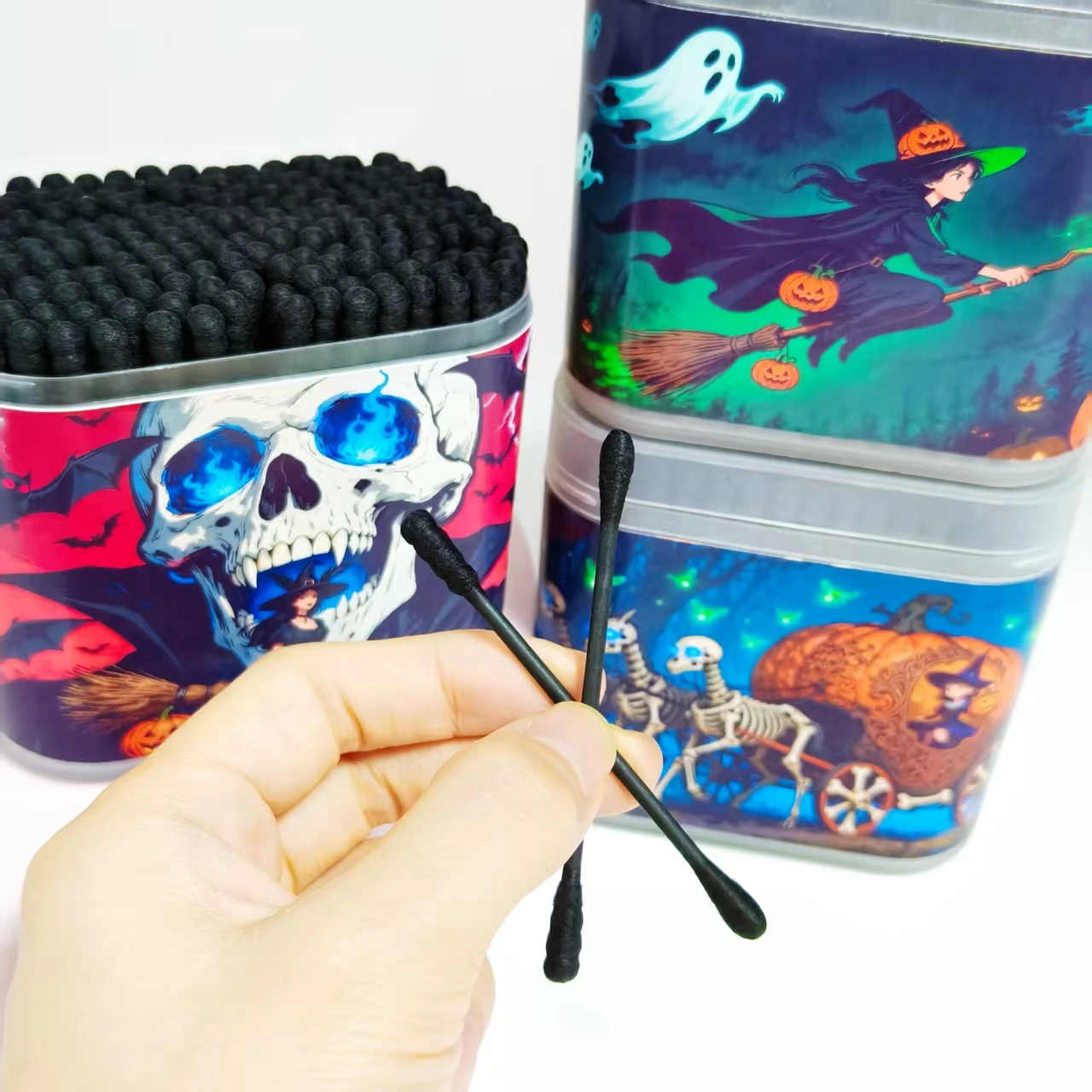 400개/800개 할로윈 마녀 패턴 면봉 블랙 양면 면봉 볼 휴일 선물 면봉