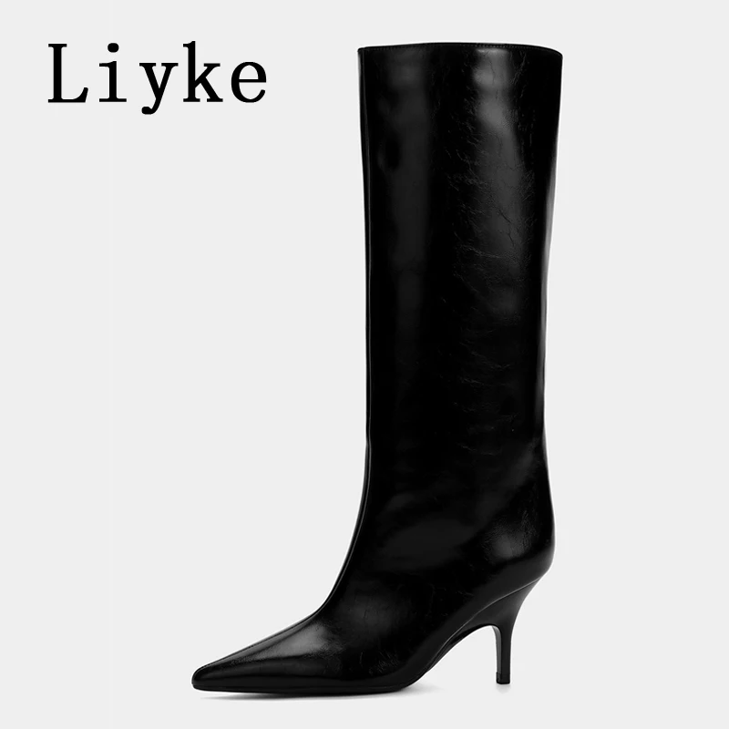 

Liyke Fashion Winter Pointed Toe Knee-High Women Boots Thin Kittens Heels Shoes Female Motorcycle Long Booties Zapatos De Muje