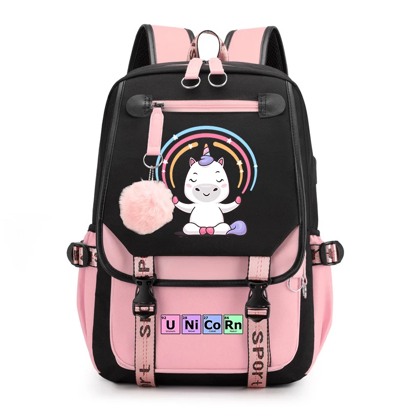 Tas punggung anak perempuan motif Unicorn, tas sekolah pelajar kampus, tas travel usb, hadiah anak-anak