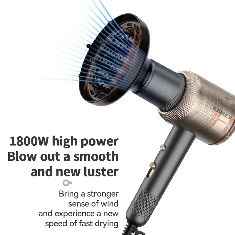 Kemei Professional Ionic Salon Hair Dryer Powerful 1800W Fast Drying Low Noise Blow Dryer with 2 Concentrator Nozzle 1 Diffuser - Image 4