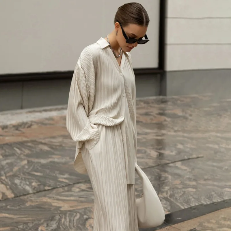 Y2K Pleated Loungewear Autumn Women Trousers Set Elegant Long Sleeve Button Down Shirt Wide Leg Pants Two Piece Pajamas Set