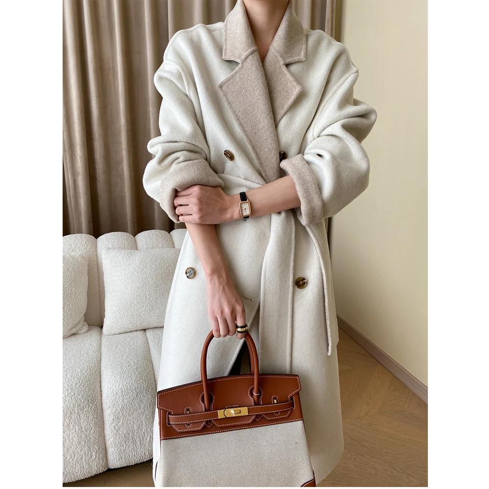 Women Autumn Coats Two Way Wear Drouble Breasted Design 52% Cashmere Long Woolen Coat With Belt Wool Coat Veste Femme Tops