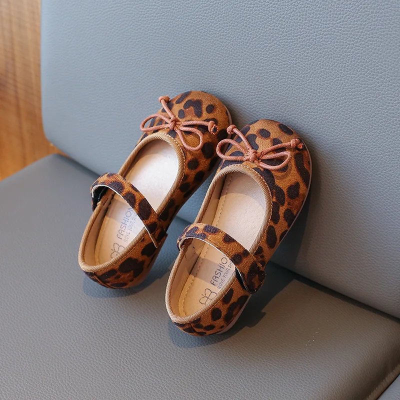 Kids Baby Girls Shoes Fashion Vintage Leopard Print Flat Single Shoes Cute Princess Ballet Mary Janes Shoes Anti-slip Large Size