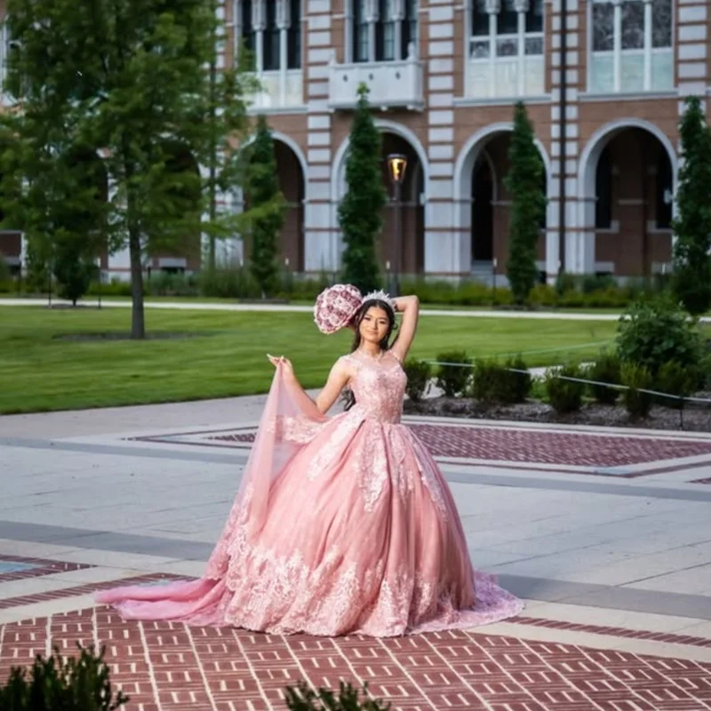

Customized Pink Quinceanera Dresses Off the Shoulder crystal applique flower Long tail Vestido 15 Quinceanera