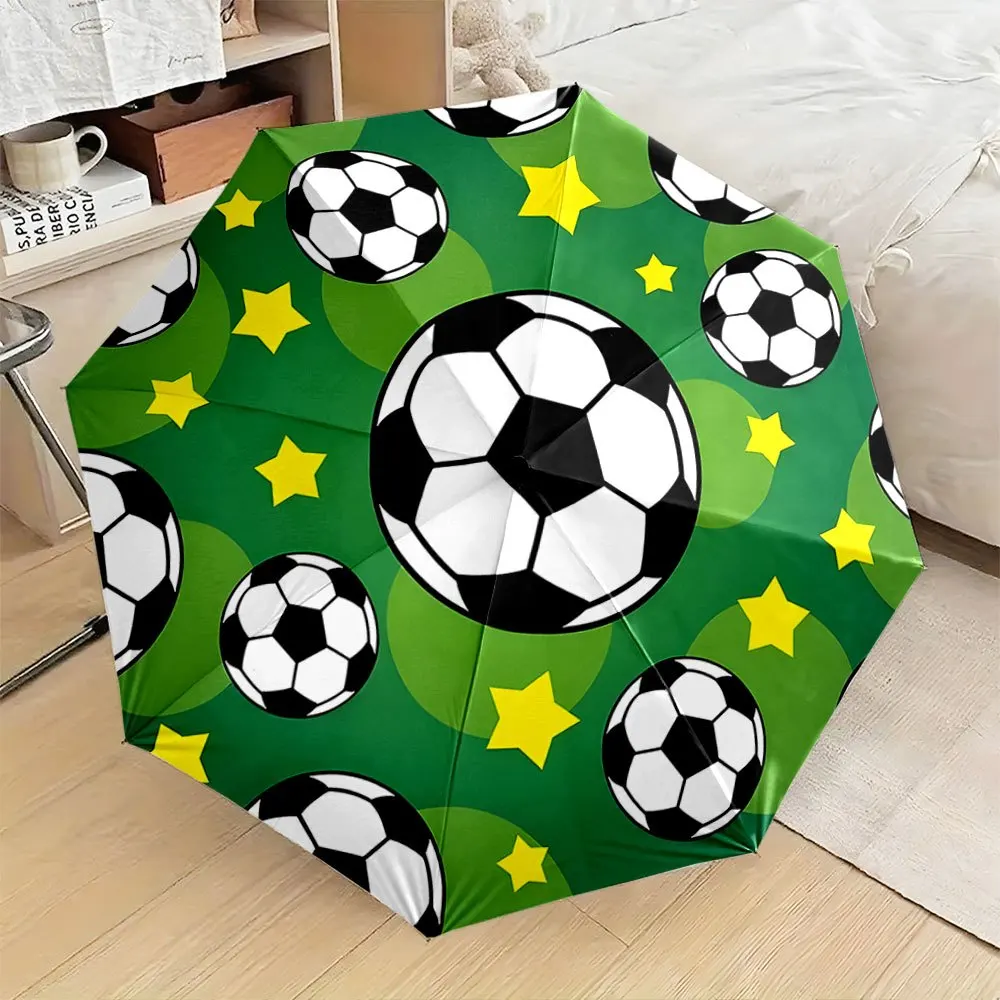 

Automatic Folding Umbrella with Soccer Ball & Yellow Star Design - Portable Collapsible 8-Rib Durable Canopy, Green Background