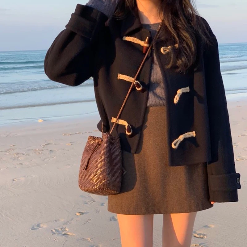 

Корейское шерстяное пальто в стиле ретро с воротником на пуговицах, женское прямой крой для поездок на работу