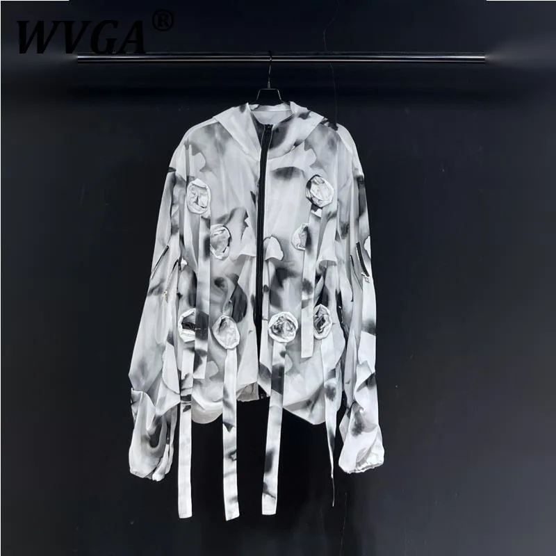 

WVGA Летние новые мужские рубашки с длинными рукавами Tide High Street с росписью тушью и цветочным принтом, нишевая шикарная повседневная рубашка с капюшоном W8634