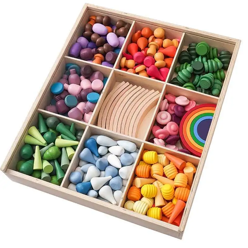 

NEW 252 Pcs Mandala Loose Parts with Mini Rainbow and Mini Natural Wooden Building Blocks Play Set