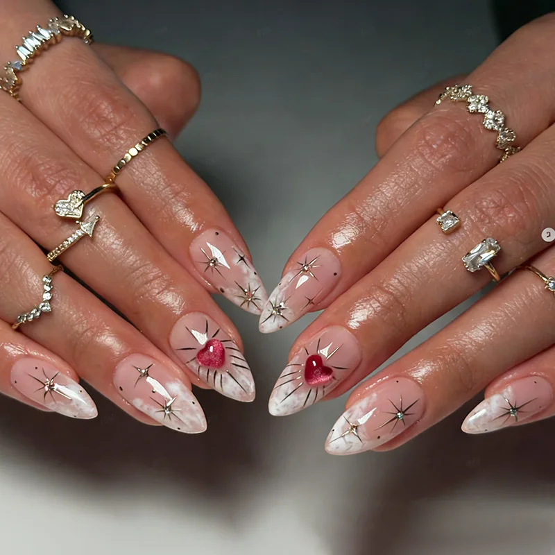 

24PCS Romantic Almond Press on Nails Pink Gradient 3D Heart Starburst Decor White Marble False Nails Reusable Acrylic Fake Nails