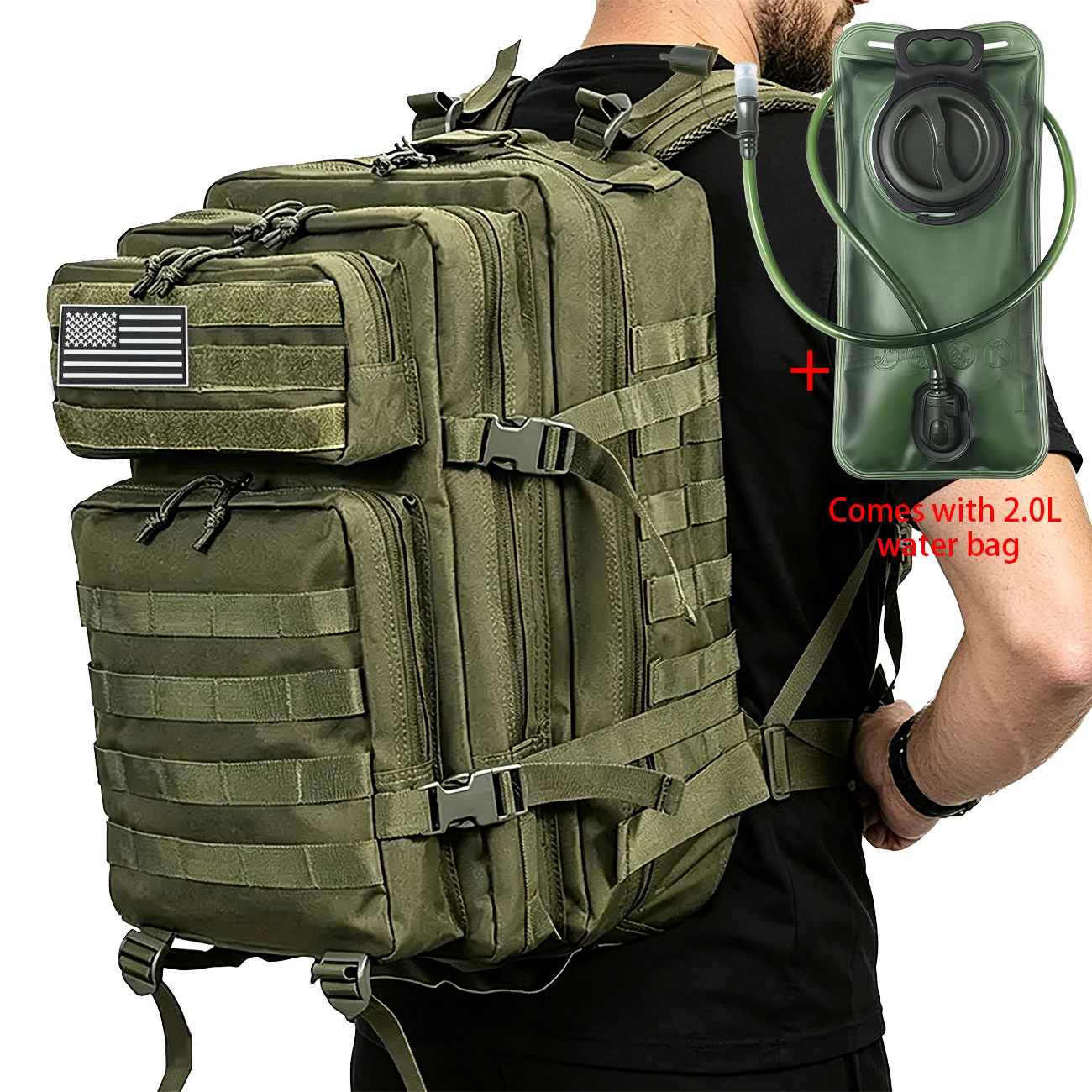 

50L Large Capacity Sports Bag with Multi-Zipper Pockets - 2L Water Bladder & Bite Valve Drinking Tube Included