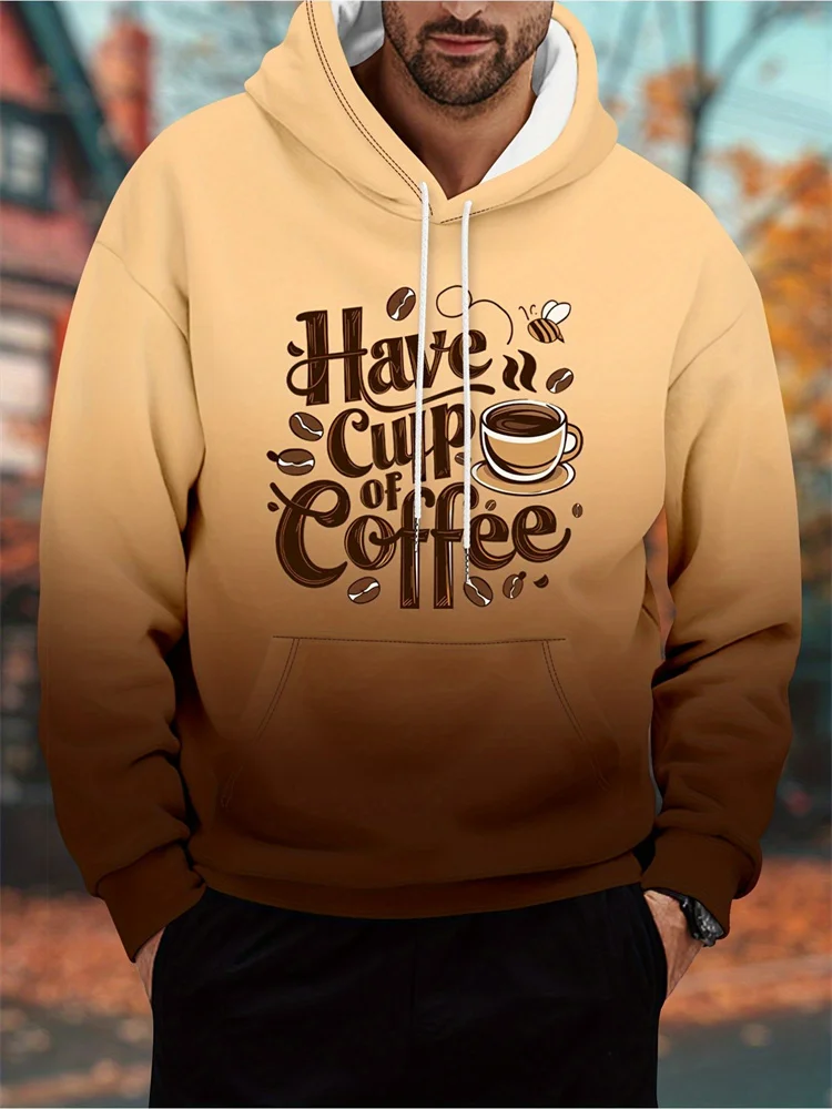 

3D Gradient Color Pattern Men's Hooded Minimalist Coffee Letter Print Long Sleeve Top Leisure Fashion Daily Pullover Men Clothes