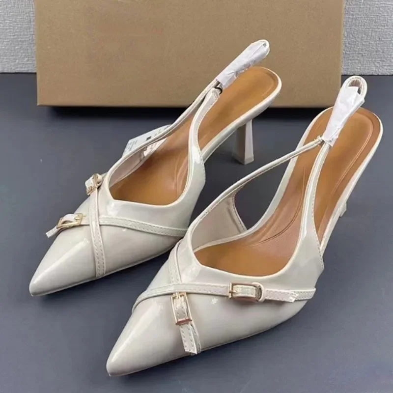 Dedo do pé apontado sandálias femininas 2025 verão marca designer branco senhoras sapatos de casamento na moda fivela mules calçado
