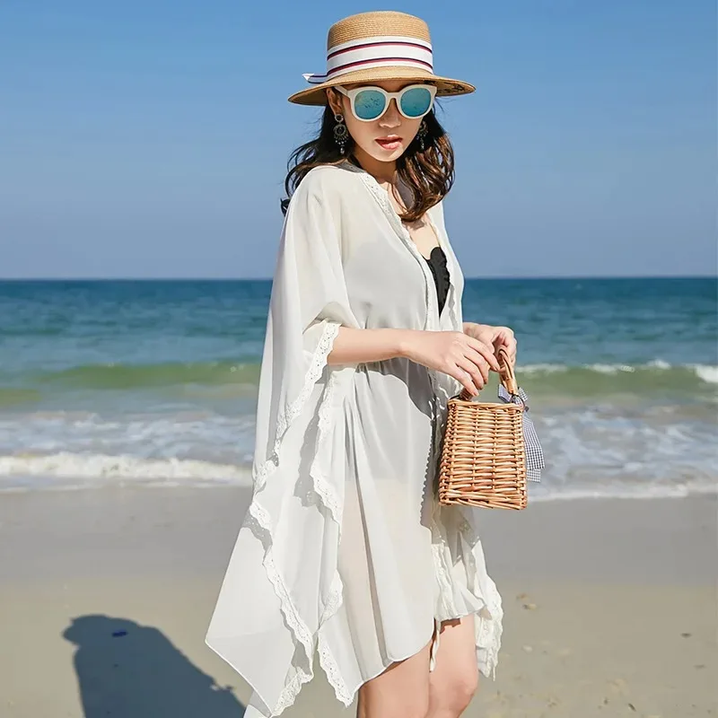 Cardigan in pizzo bianco per le vacanze al mare, protezione solare in chiffon da spiaggia, con cappuccio, scialle allentato per aria condizionata, copricostume estivo