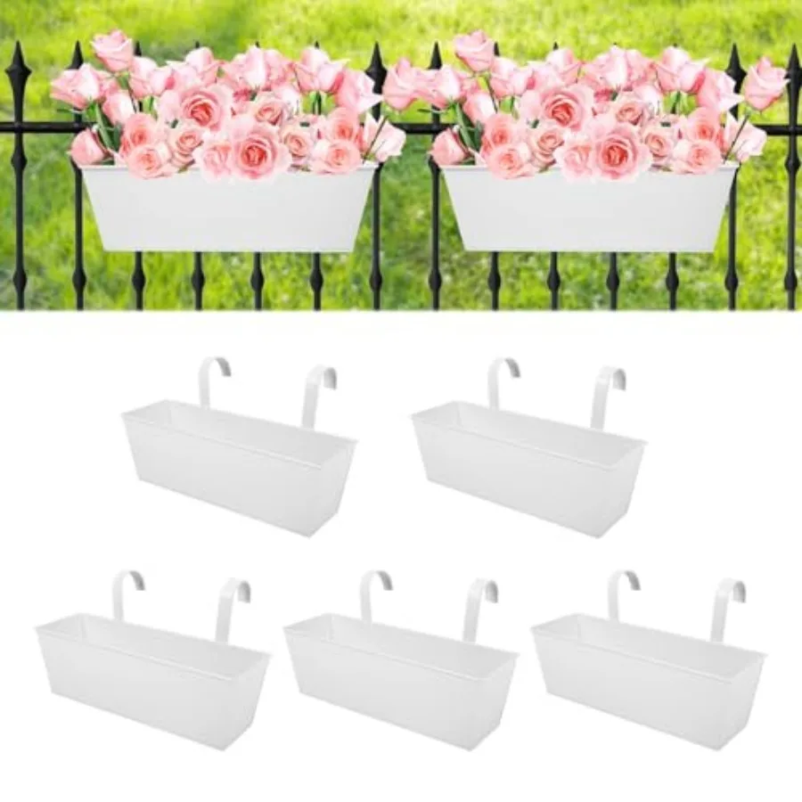 

Railing Planters Outdoor Balcony 16 Inch Deck Over The Railing Planter Boxes Hanging Planters for Fence Flower 5 Pcs White