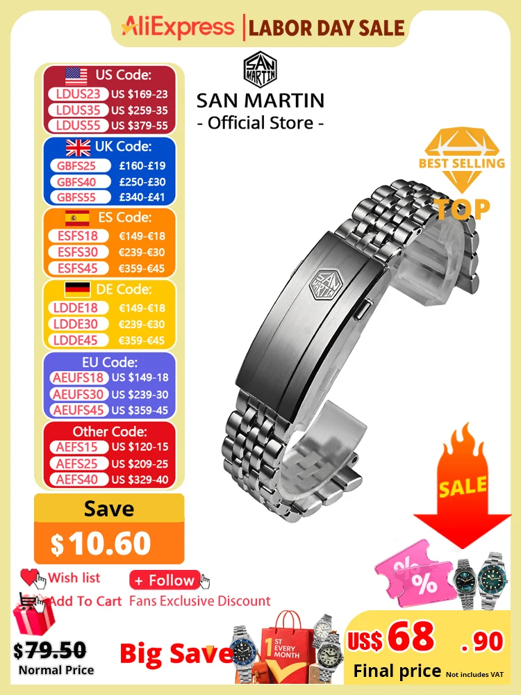 San Martin SN0144 Armband 316L Edelstahl 3 Glieder 5 Glieder J-Style Armband OTF Verstellbarer Verschluss Uhrenteile für 20mm Band