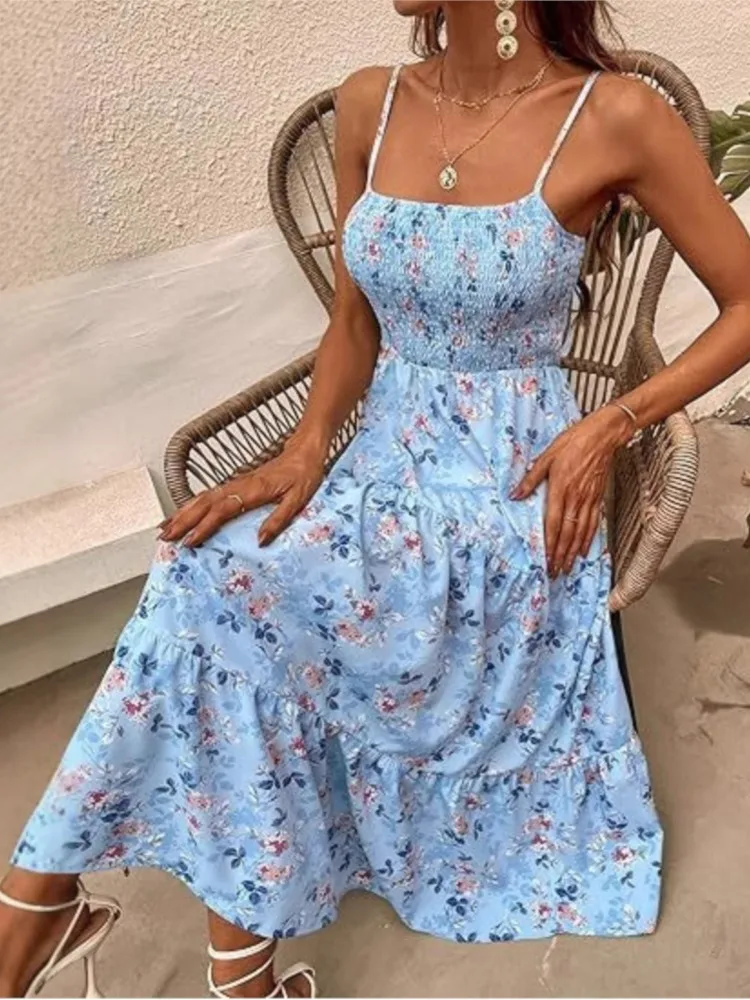 

Beachwear Party Dresses For Woman Floral Print Patchwork Suspender Evening Dress Off Shoulder Simple Style Backless Temperament