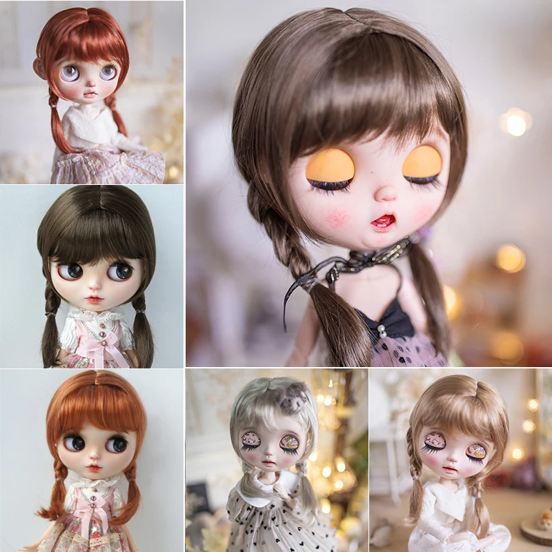 Blyth Doll Girl Double Horsetail Wig Imitation mohair Light Gold/Brown/Redbrown Hair 9-10, 10-11 inch Optional BJD Accessories