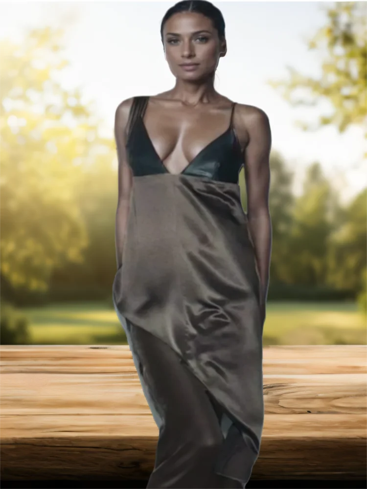 女性用エレガントなVネックのスリングドレス、無地の柔らかいサテン生地、イレギュラーなデザイン、シックなアシンメトリーヘム、PU素材の切り替えドレス