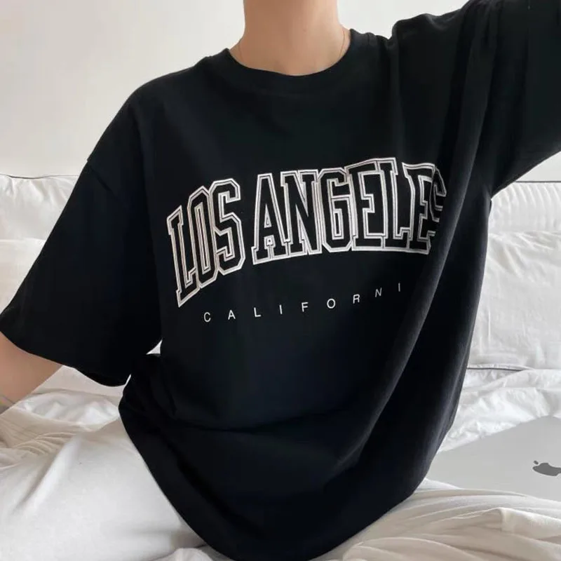 Los Angeles Street Personality Letter Printed T-Shirt donna o-collo top traspiranti maglietta grafica oversize in cotone sciolto