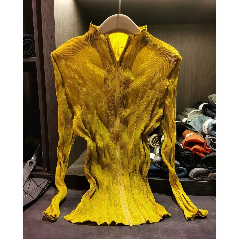 2026 New Zipper Cardigan  Pleated Standing Collar Long Sleeve Slightly Transparent Bottom Shirt Tops Tight Stretch Women's