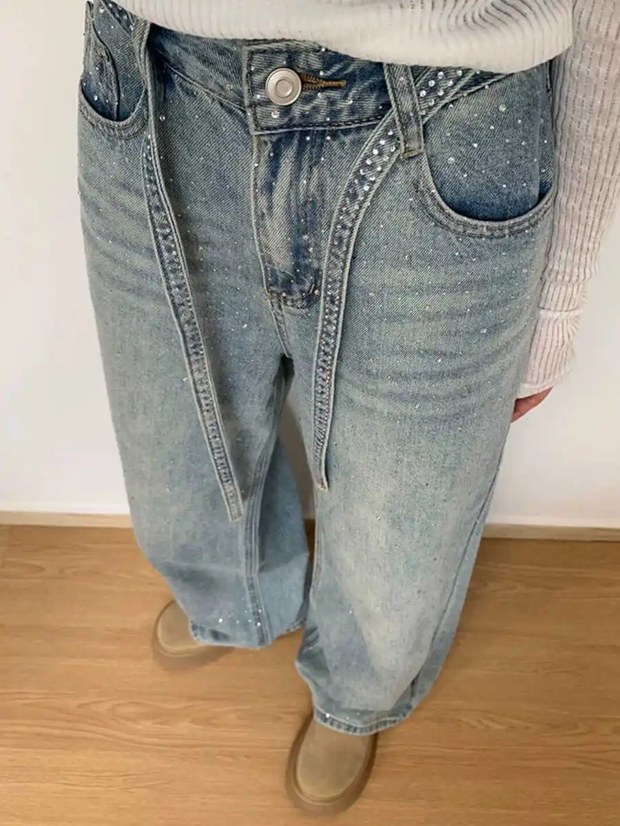 Oversized American Hot Diamond Jeans Women's Loose High Waist Straight Wide Leg Pants Denim Trousers 3-3XL with Belt ﻿
