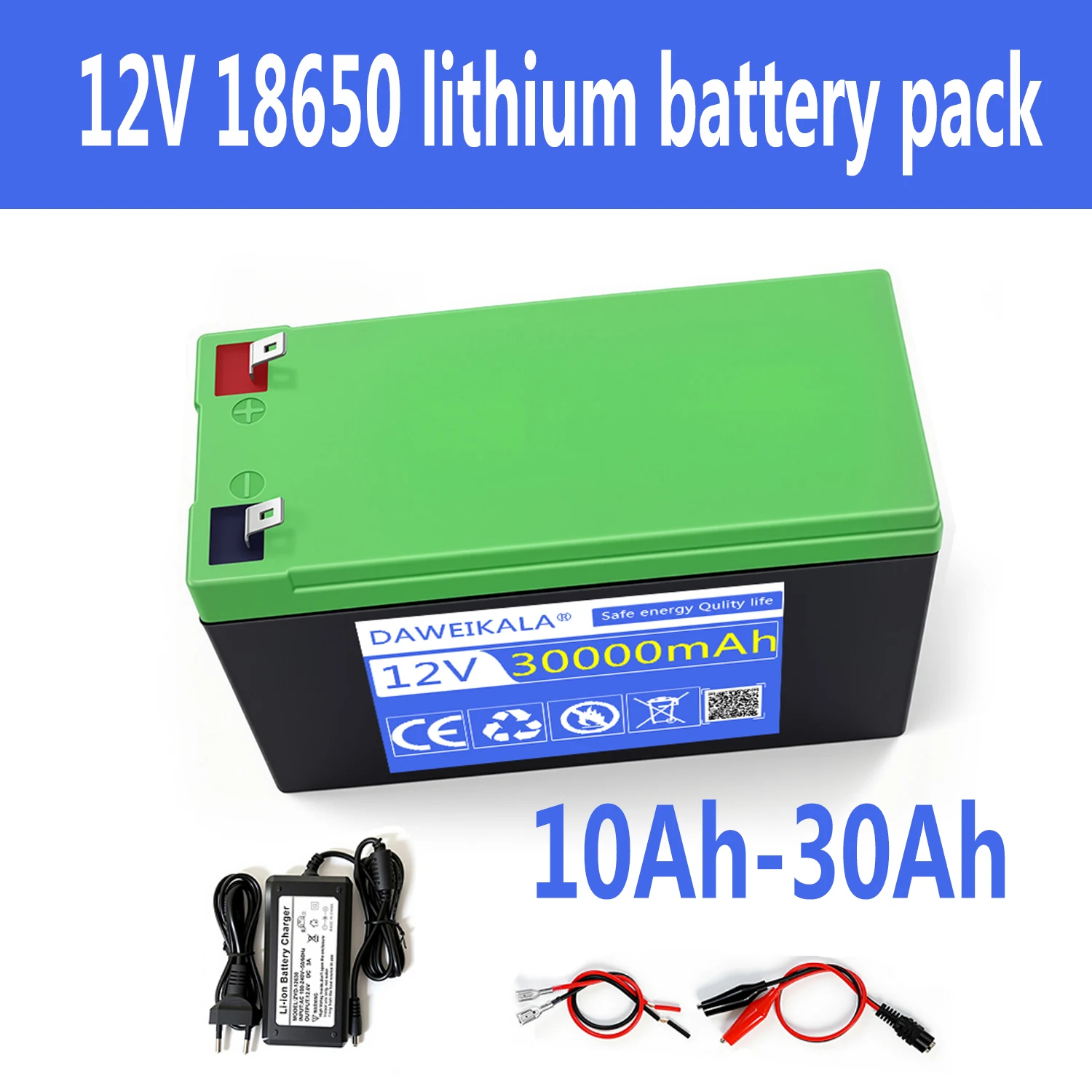 

12V 30Ah 18650 Lithium Battery Pack High Energy Density with 12.6V 3A Charger,for LED Lighting, RC Toys, Inverter, ,Solar System