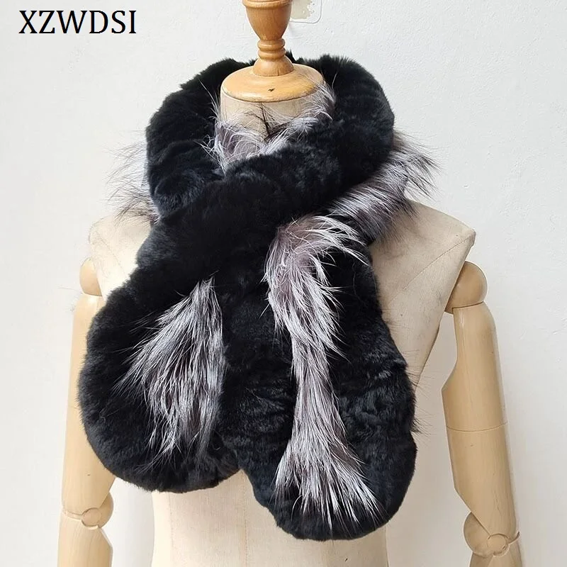 本物のレックスウサギの毛皮のスカーフとフォックスファーの女性の冬暖かいトレンディなエレガントな天然レックスウサギの毛皮のリングスカーフ女性