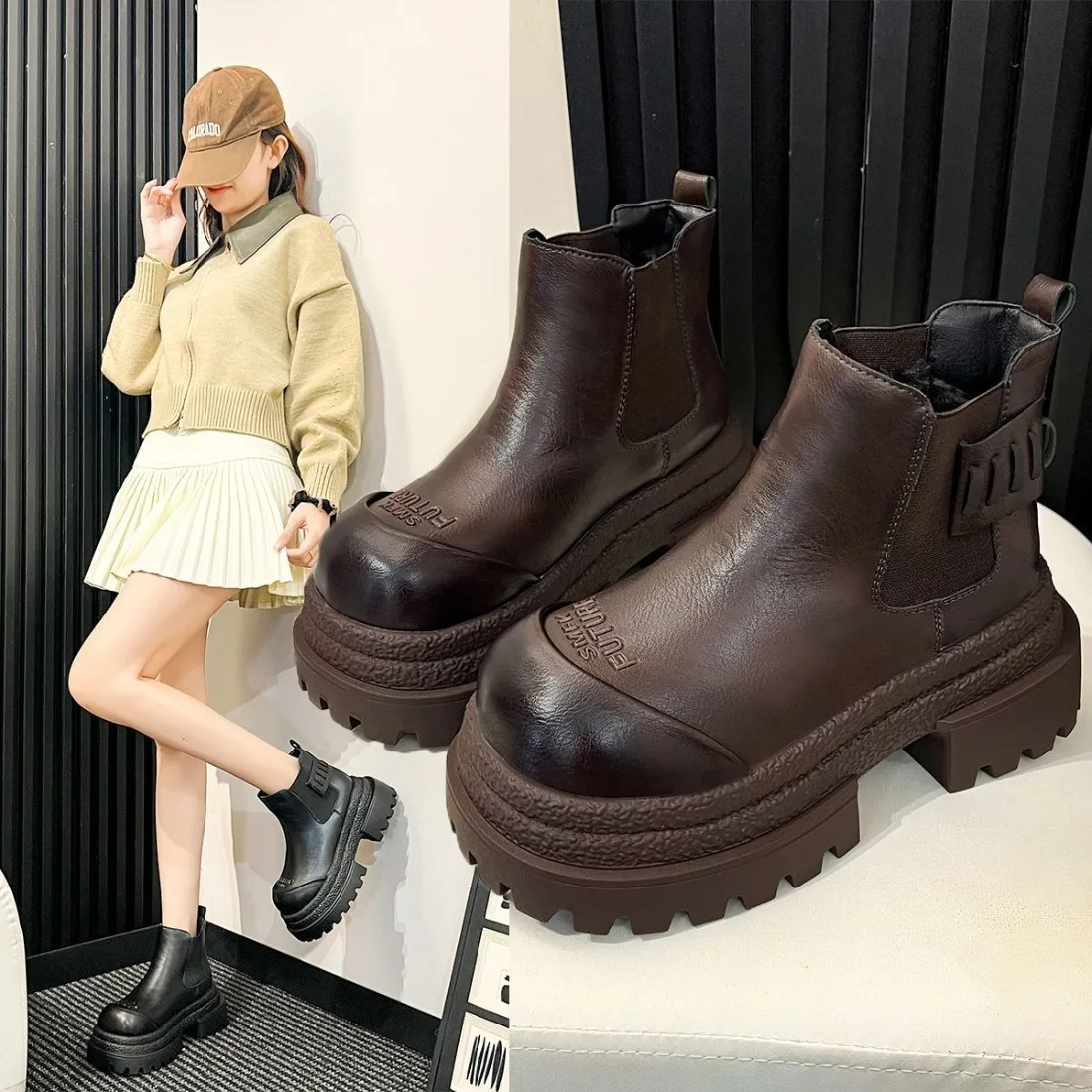 

New Flats Women's Ankle Boots PU Platform Casual Sport Shoes Walking New Winter Boots 2026 Cozy Fashion Chelsea Botas De Mujer