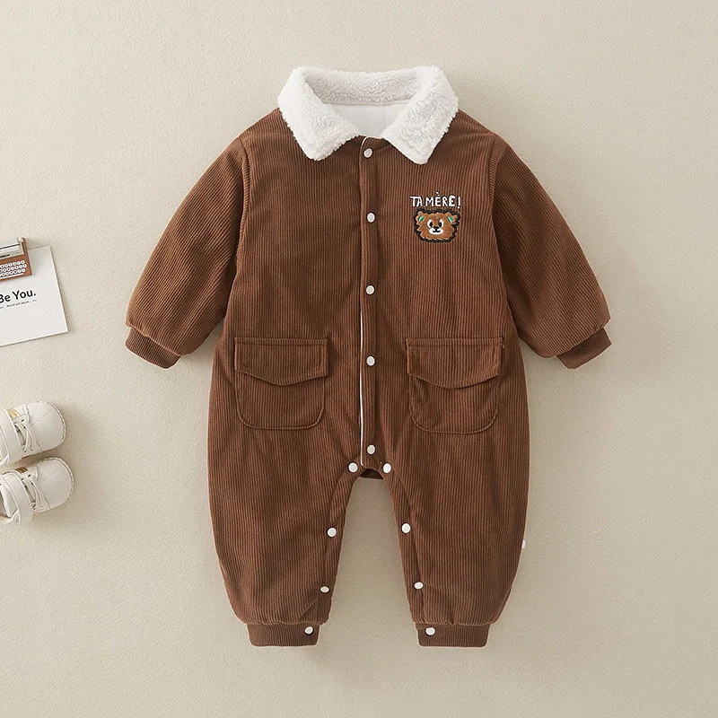 Onesie baju katun bayi laki-laki, pakaian katun kasmir baru musim gugur dan dingin tebal hangat luar ruangan