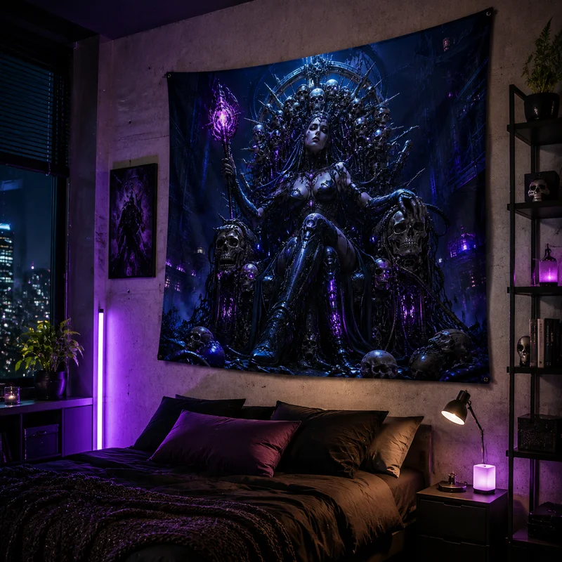 VIKAMA Dark Witch Queen Tapestry, Skeleton Thorn Throne and Magic Wand Gothic Wall Hanging, Gothic Occult Print Tapestry