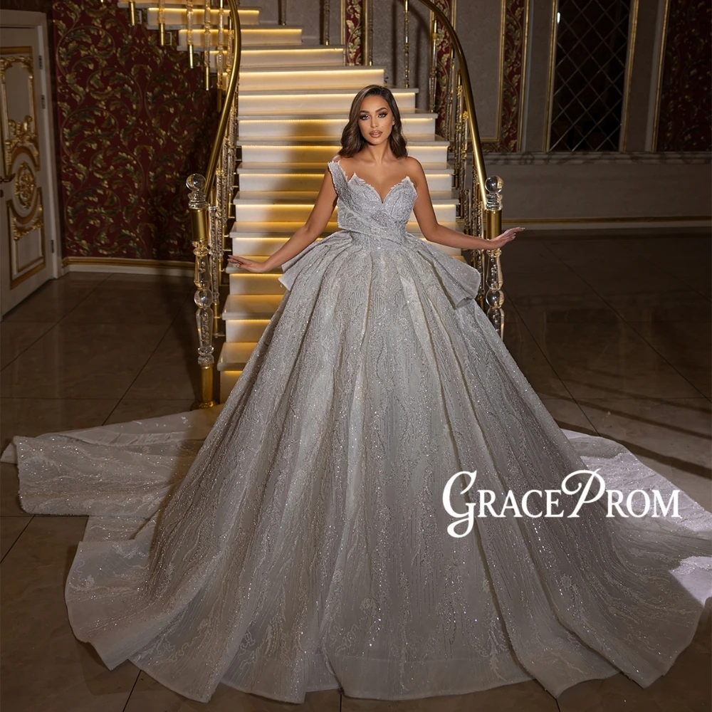 Romantic Ruffles Sparkle Embroidery Ball Gown Customized Exquisite Wedding Dress With Long Train High-end Beaded Bride Wear