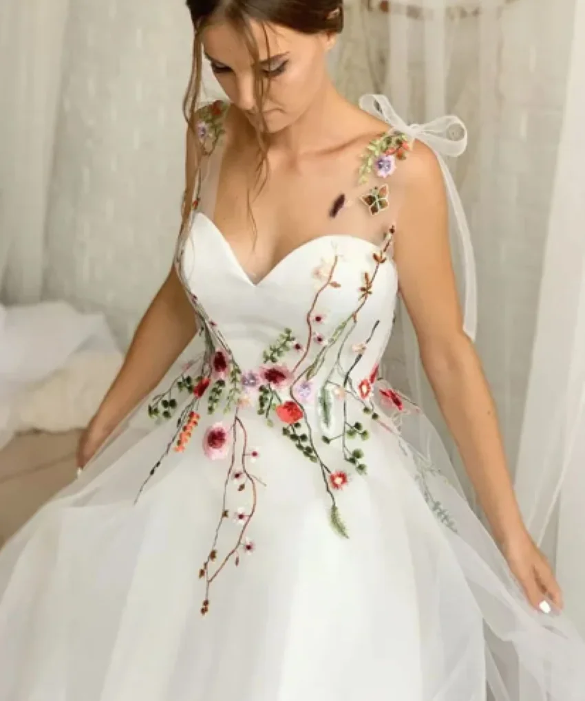 

Othray A-line Sleeveless Vestidos De Noche Spaghetti Strap Backless Evening Elegantly Flower Embroider Prom Gown Princess Tulle