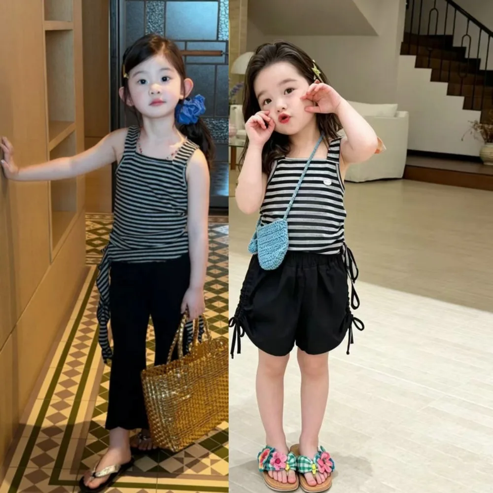 

026 New Summer Girls 2Pcs Outfit, Striped Cami Top with Shorts & Long Pants Kids Casual Set for 90-140cm