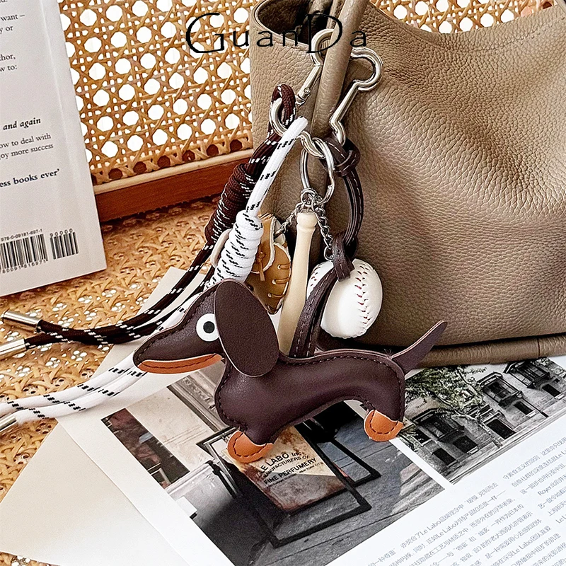 Lovely Dachshund leather pendant for handbag Woman Luxury Casual Braided Rope Key chain Fashion Bread Puppy Decor Accessories