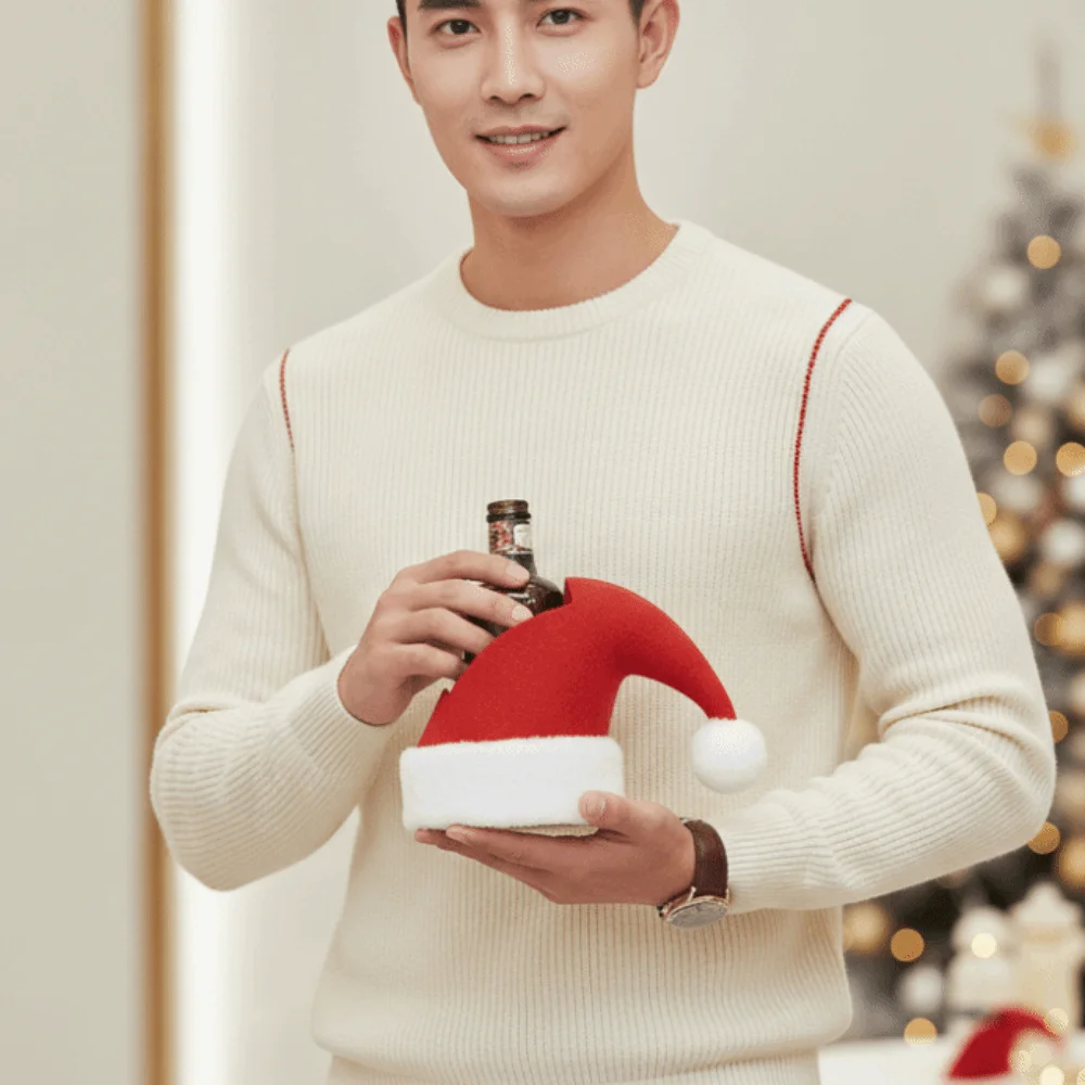 Bright Red Christmas Hat Bottle Holder Lightweight Design 3D PlA Santa Hat Bottle Sleeve Hollow Inside Smooth Surface