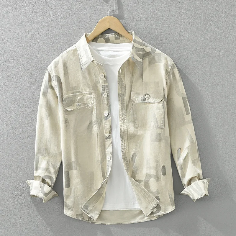 

Waed Pure Cotton Long Sve Casual irt Men's Spring 2024 New Sle Workwear Printed Collar Cotton Youth Faion