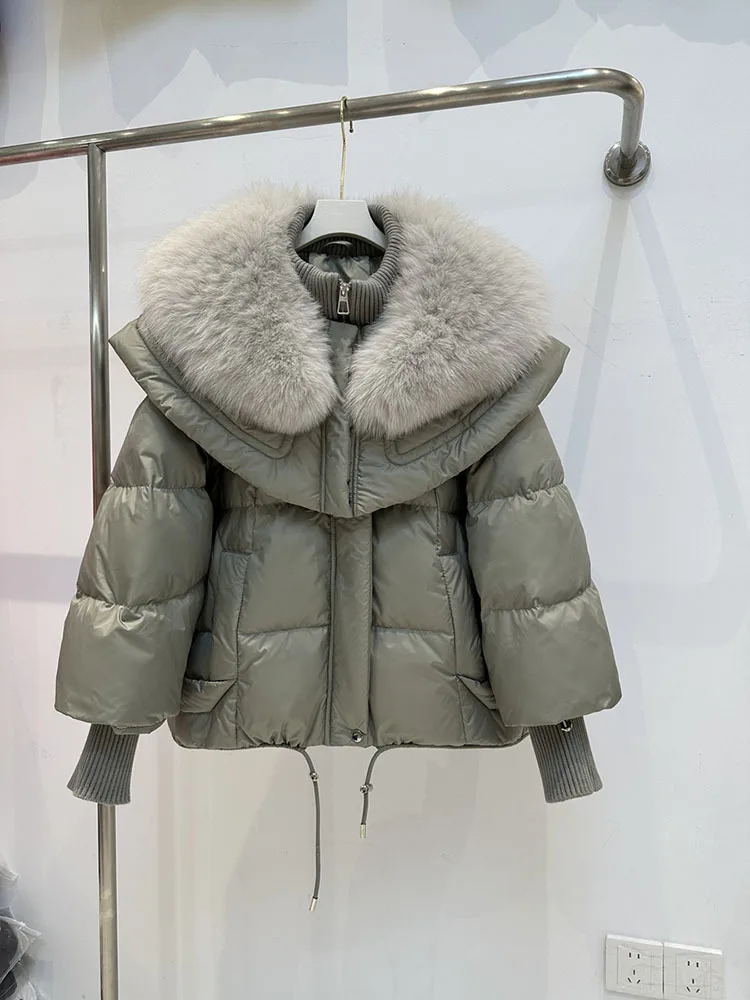 Winterjas Vrouwen Echte Bontjas Wit Gans Donzen Jas Vrouwen Oversized Vossenbont Kraag Groot Bont Dikke Warme Nieuwe Mode