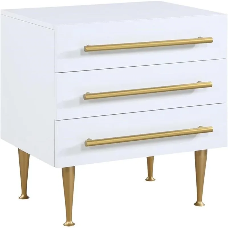 Modern Nightstand with Brushed Gold Metal Feet and Handles, Rich White Finish, 24-inch W x 18-inch D x 26-inch H