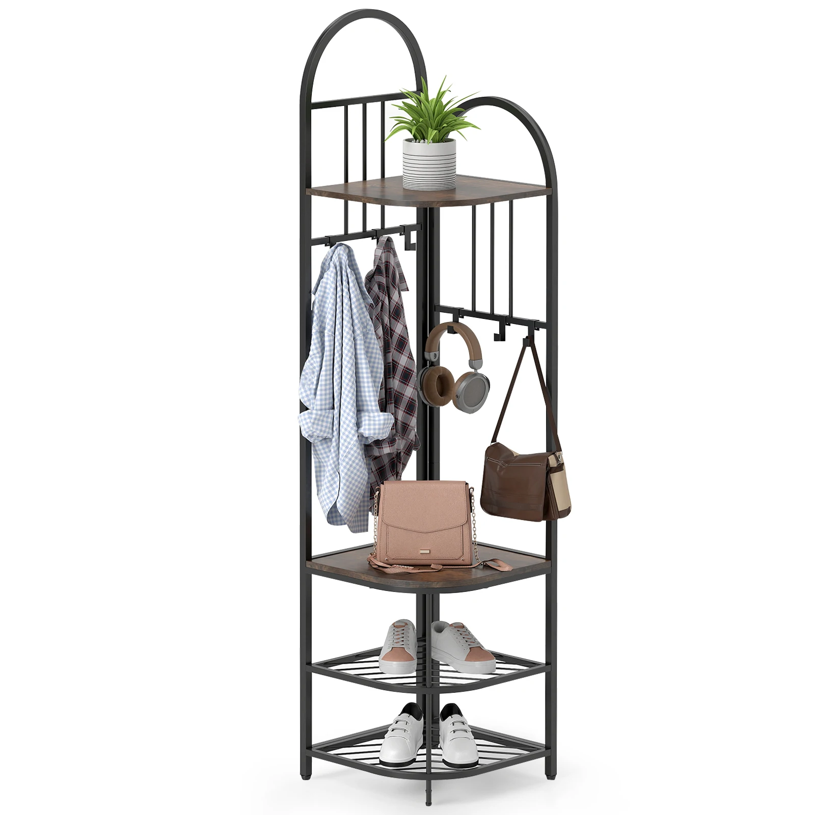 Corner coat rack, 4-storey dresses stand with shoe shelf bench, 6 removable hooks, 180 cm high shoe rack