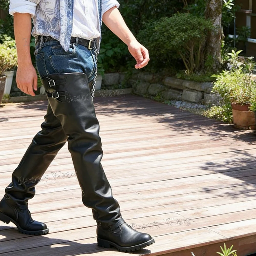 Schwarze Herren-Stiefel mit Seitenriemen, oberschenkelhoch, aus mattem Leder, modisch und bequem – Zapatos Para Hombres