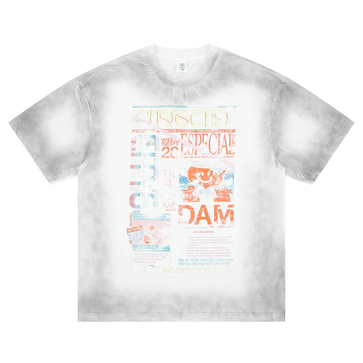 SUPER WAY Tshirts Heavyweight Gradient Washed Newspaper Print American High Street Loose T-Shirt F620