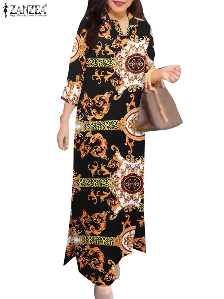 ZANZEA 2024 Fashion Slit Hem Shirtdress 3/4 Sleeve Women Vintage Casual Maxi Dress Autumn Baroque Print Lapel Neck Long Vestidos