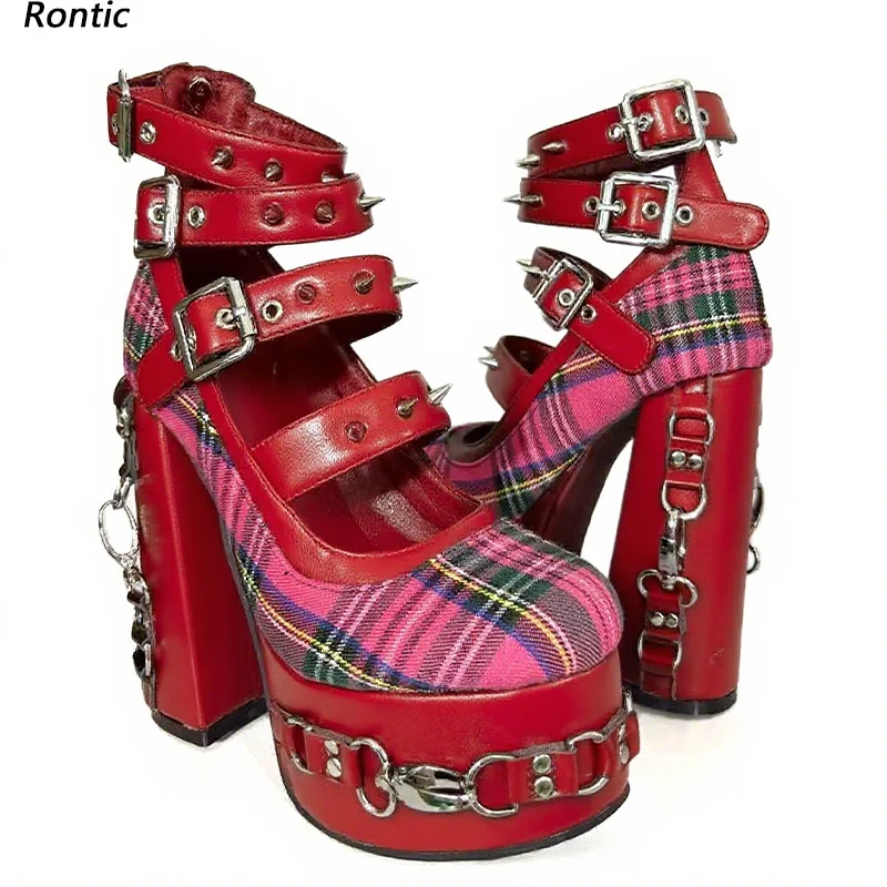 

Rontic/женские туфли-лодочки ручной работы на платформе, на массивном высоком каблуке с круглым носком, довольно красные туфли в стиле панк для косплея, женские размеры США 5-20