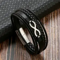 Classic Multi layer Men Leather Bracelet Stainless Steel Infinity Symbol Charm Bracelets for Men Fashion Jewelry Gift Wholesale