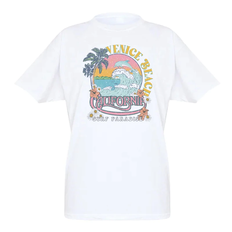 Venice Beach Palm Trees Oversized T-Shirts Women 2023 Summer Vintage California Surf T Shirt Cute Vacation Graphic Tees Tops