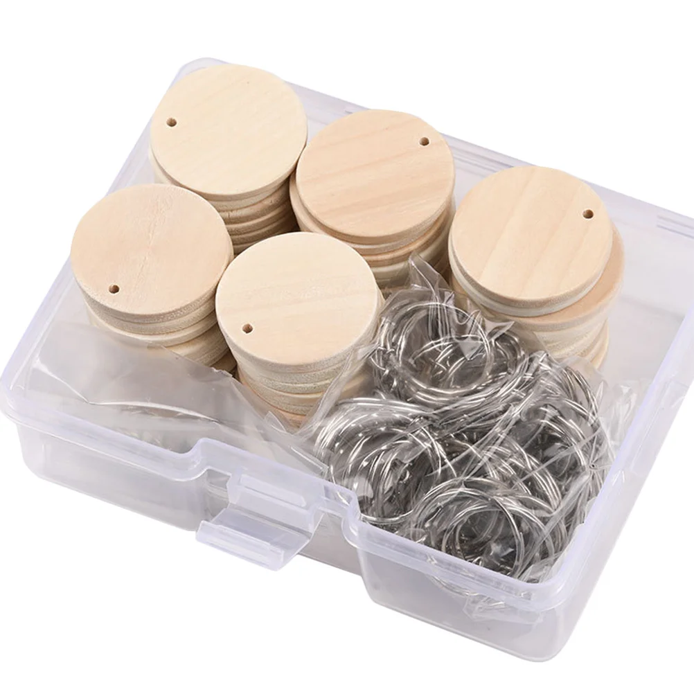 

1Set Blank Round Wooden Discs Keychain DIY Set Unfinished Wood Chips with Stainless Steel Key Rings for Decorative Pendant