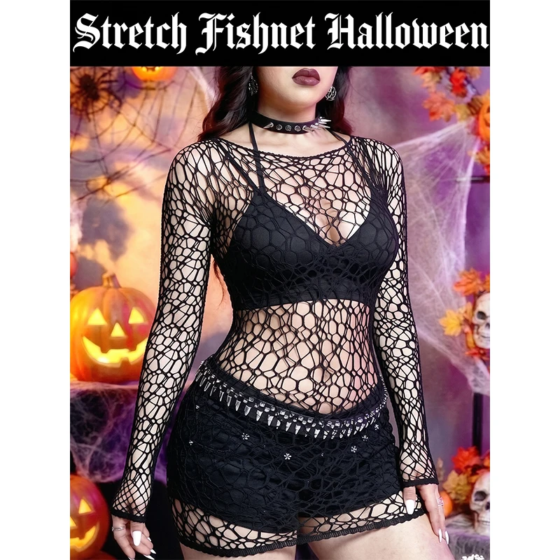1  pc  Sexy Fishnet Long Sleeve See Through Top Women Halloween Beach Cover Up Swimwear Y2K (No Bikini)