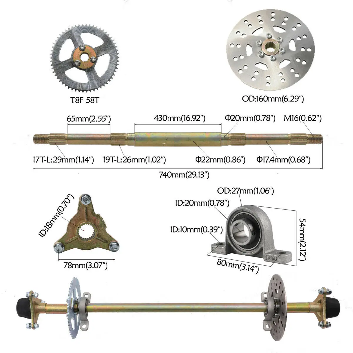 Complete Rear Axle 740mm 22mm Wheel Hub Assembly For Go Kart ATV Quad Bike DIY