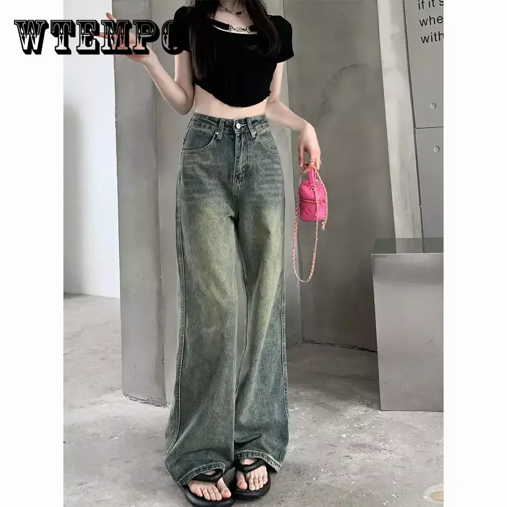 WTEMPO Thickened Retro Wide-legged Sherpa Lined Jeans Female Autumn Winter High Waist Straight Loose Fleece Lined Long Trousers