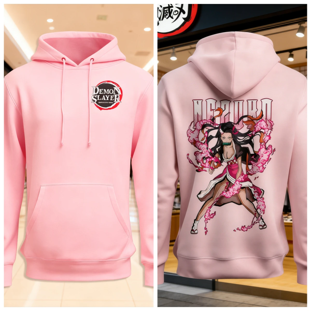 เสื้อฮู้ดผ้าฝ้ายลายอนิเมะดาบพิฆาตอสูร สีชมพู พิมพ์ลายตัวละครผมยาว ตาสีแดง ท่าทางดุดัน ลายเอฟเฟกต์เปลวไฟ สไตล์ลำลอง